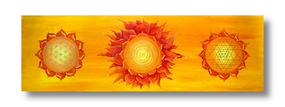 Wandbild Power of Symbols 2 Blume des Lebens Spirale Sri Yantra Gold ab Größe 30cm x 90cm - handgemalt