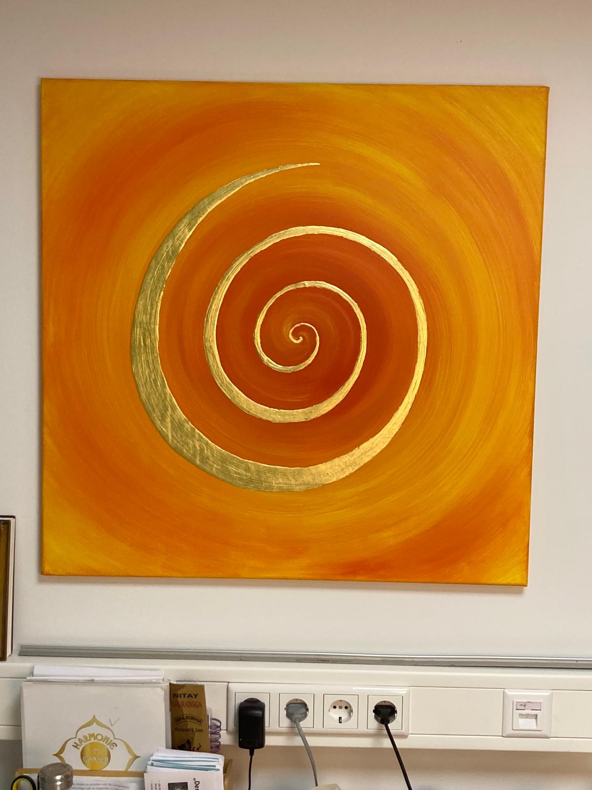 Original - Goldwirbel 24 K Blattgold & Acryl, 80 × 80 cm – gold strahlende Spirale in Gold-Orange – Acryl auf Leinwand - sofort verfügbar
